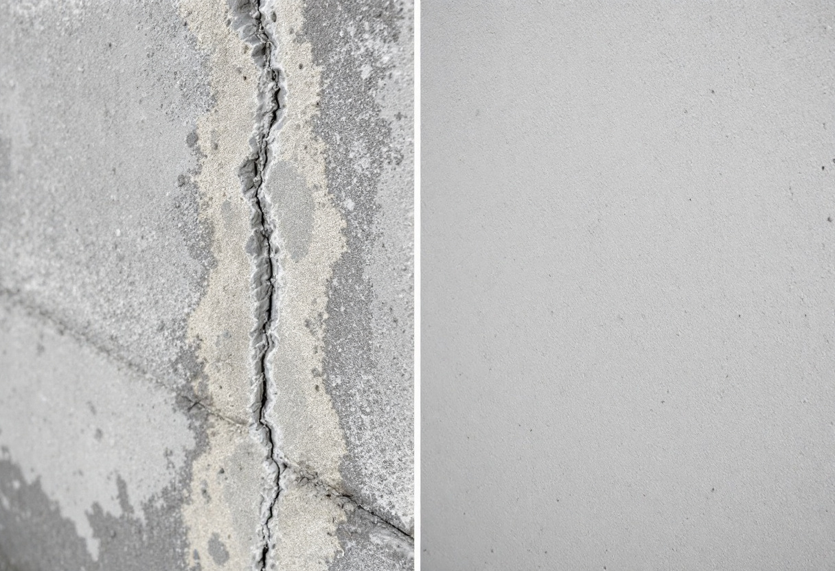 Before-and-after photo of a foundation crack repair
