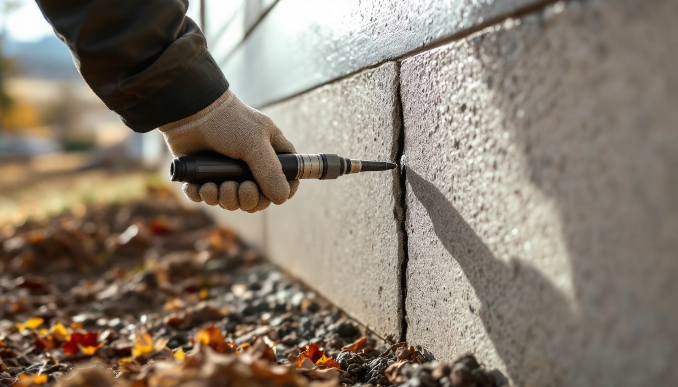 Photo of a house foundation with a wall crack being inspected
