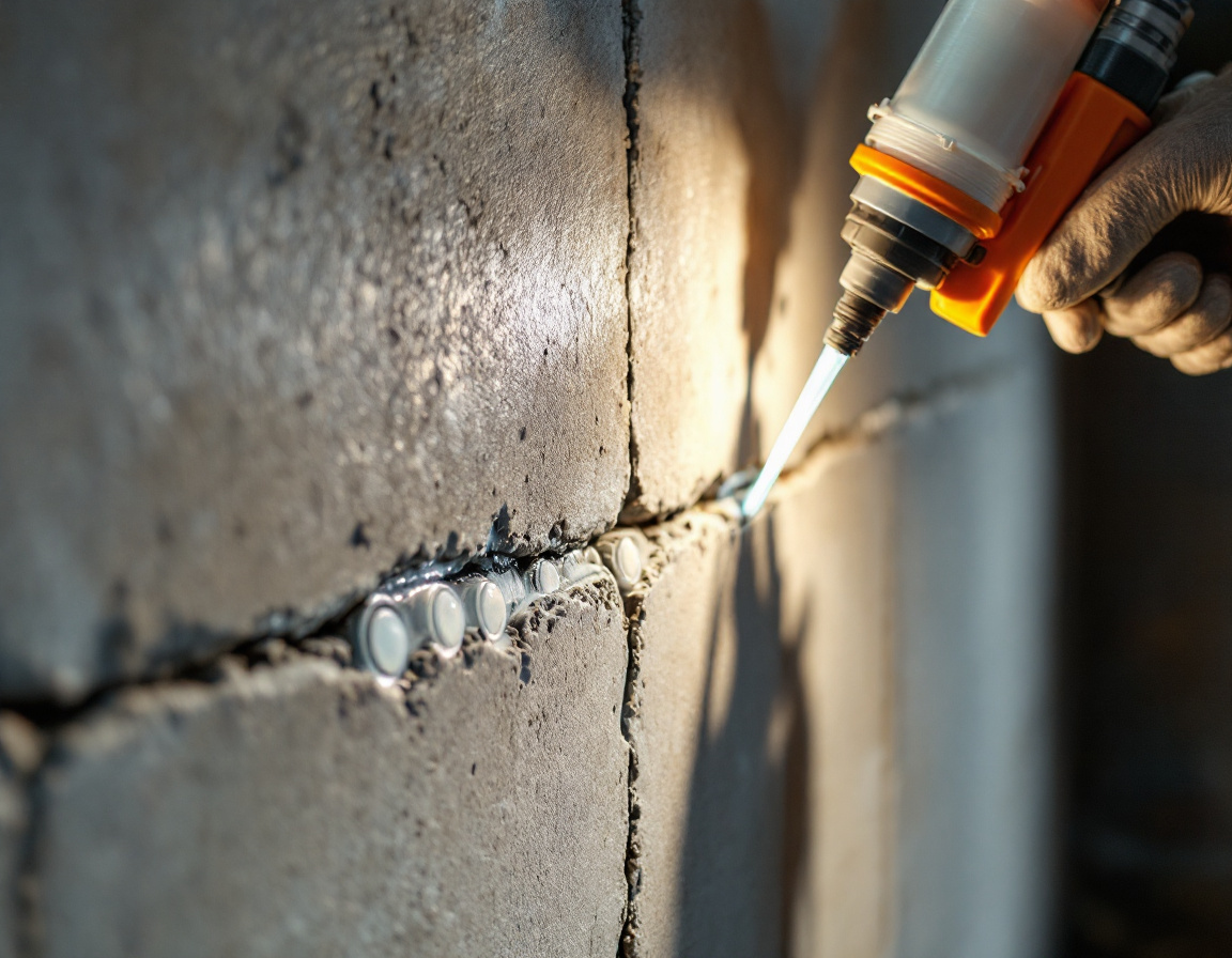 Photo of epoxy injection ports sealing a foundation wall crack