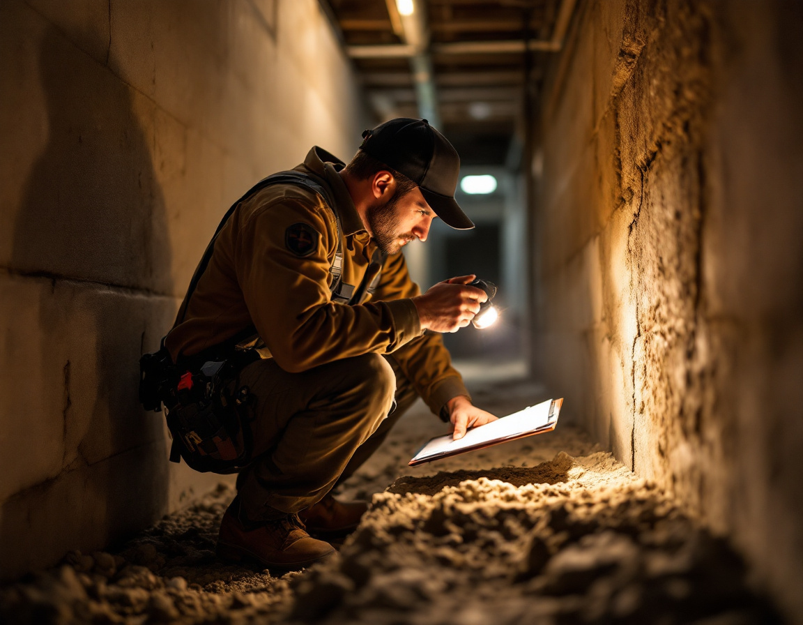 Photo of a technician inspecting a foundation crack repair in progress